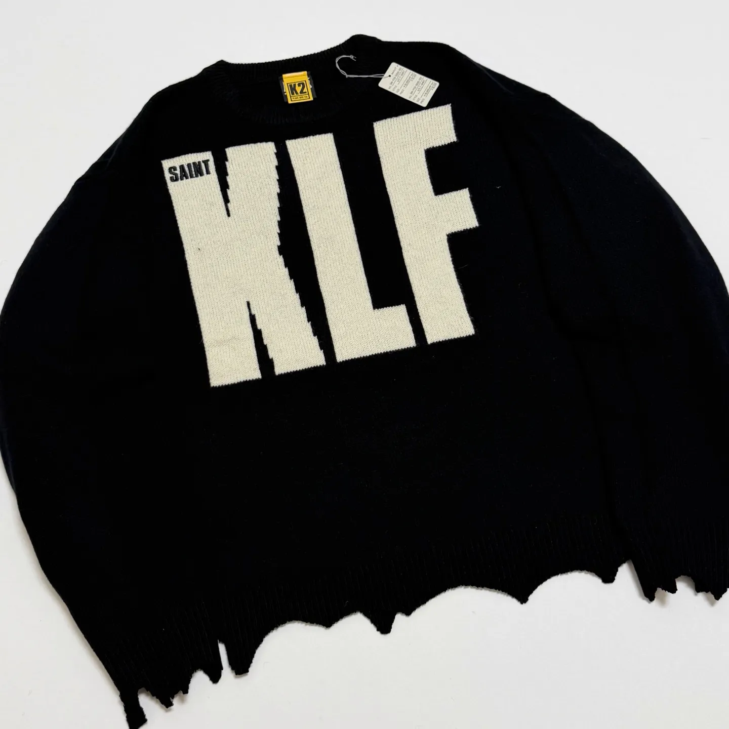 SAINT Mxxxxxx × The KLF KLF_CREW NECK KNIT/BLK KLF joint deconstructed wool sweater, black S-XL, original heel, made of 100% pure wool, natural and warm, wool fabric, dry cleaning or gentle hand washing recommended, completely correct version, customized KLF joint main mark/wash mark, imported special machine embroidery, full three-dimensional, pure hand destruction, deconstructed and shredded